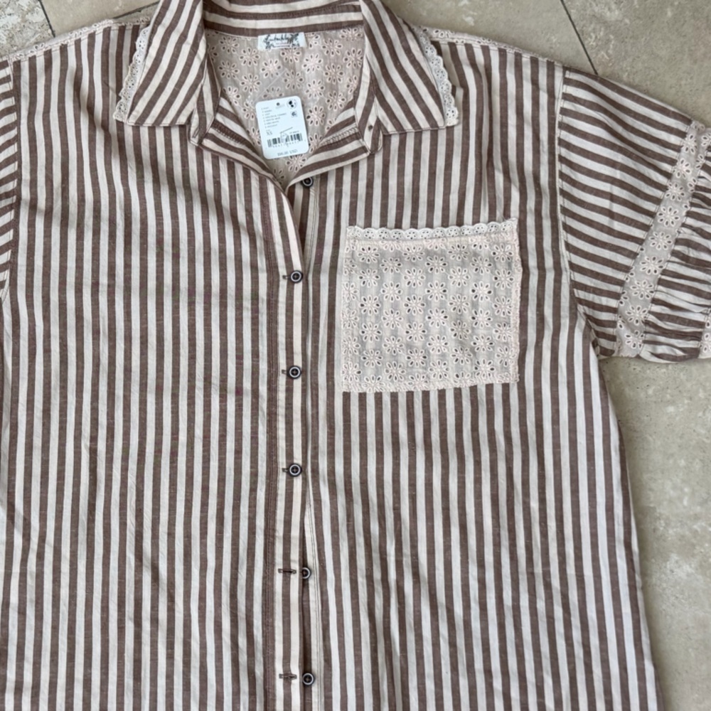 *NWT* Intimately Free People Brown & Tan Stripe Oversize Collared Button Top, XS